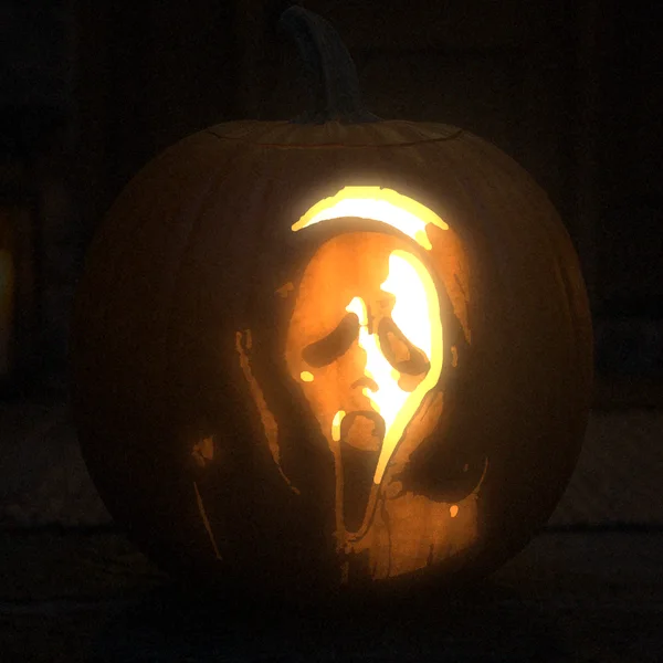 Ghostface carved into a glowing pumpkin