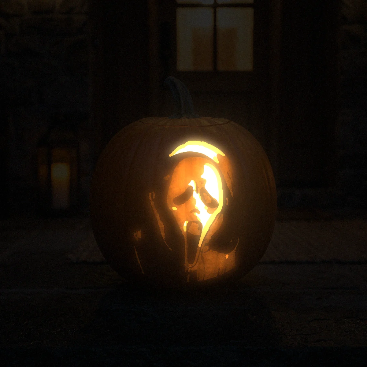 Ghostface carved into a pumpkin and lit on a doorstep at night