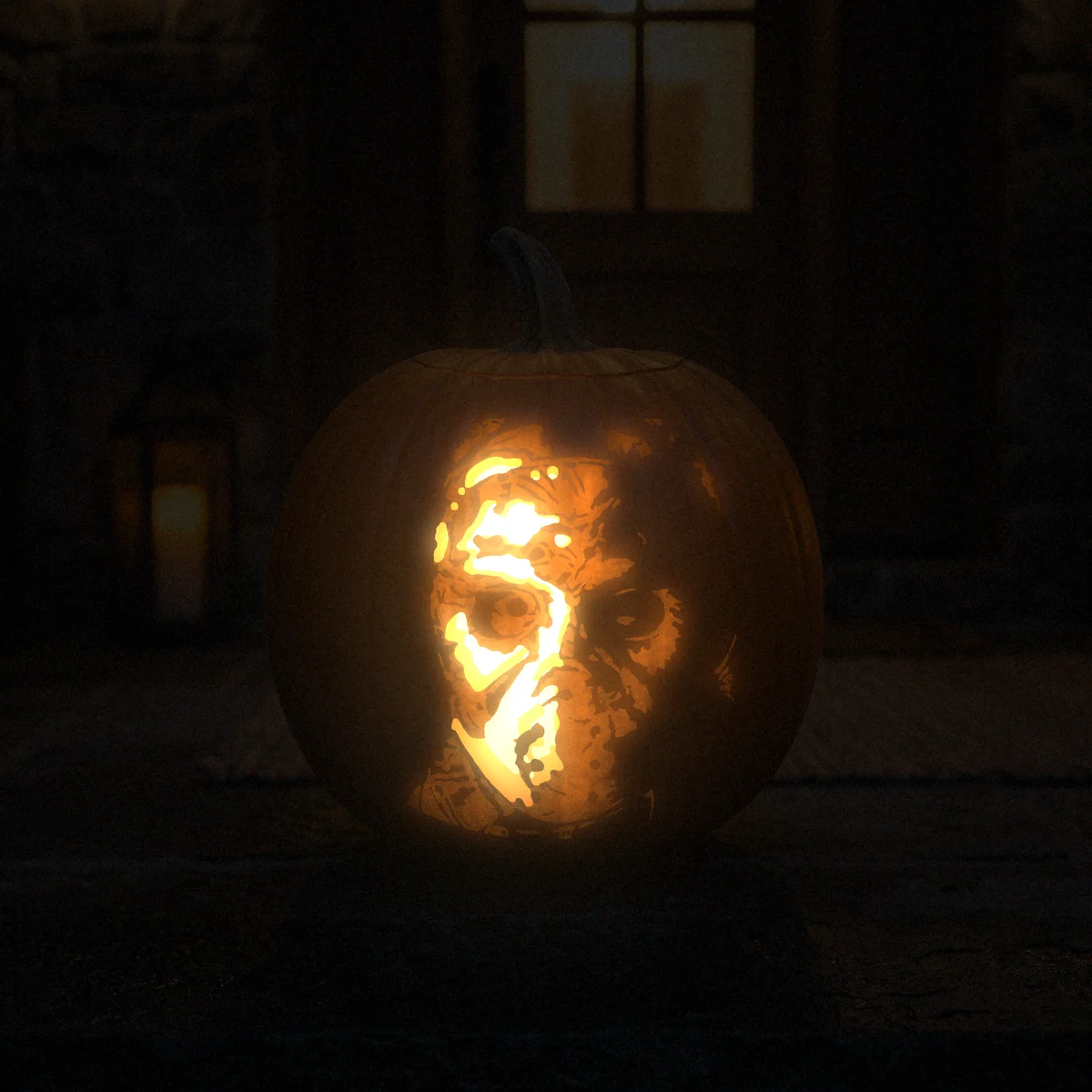 Jason Voorhees carved into a pumpkin and lit on a doorstep at night