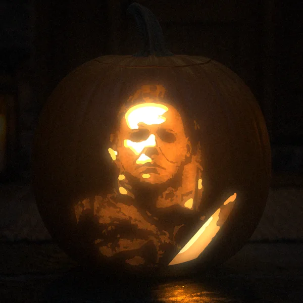 Michael Myers carved into a glowing pumpkin