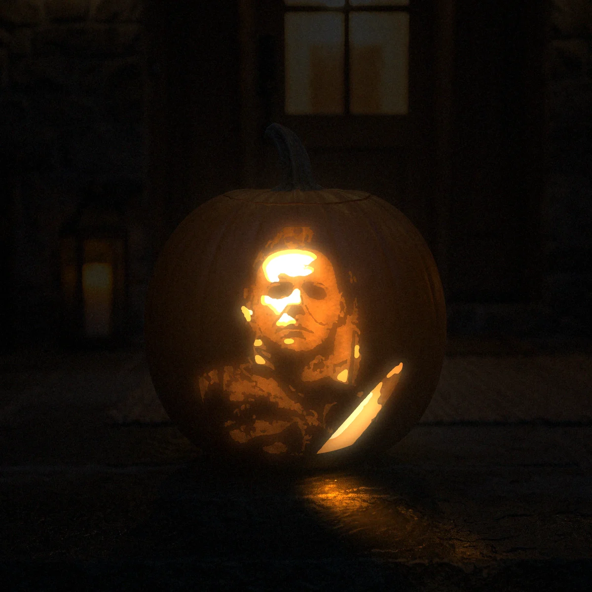 Michael Myers carved into a pumpkin and lit on a doorstep at night
